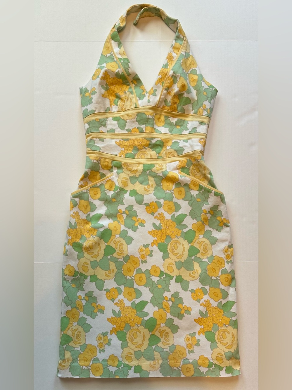 Vintage Kay Unger New York Yellow and Green Floral Halter Women’s Dress, Size 2